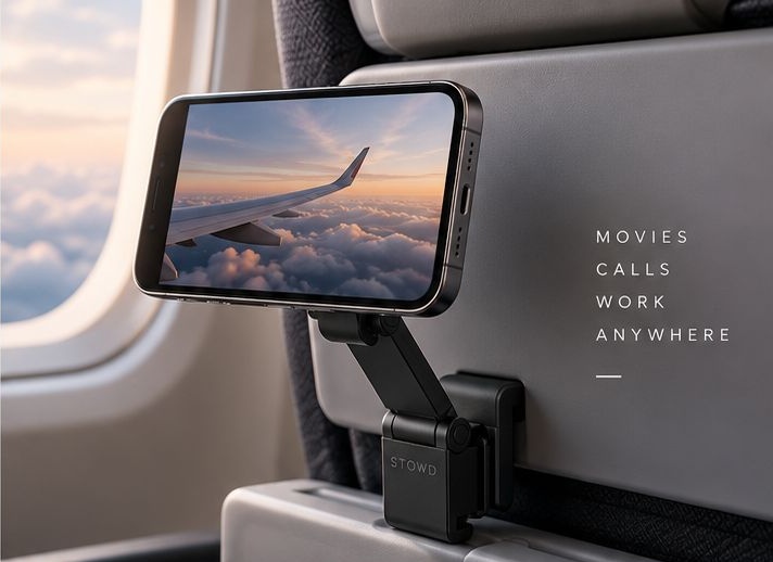 The STOWD mount clipped to an aircraft seat back holding a phone at eye level