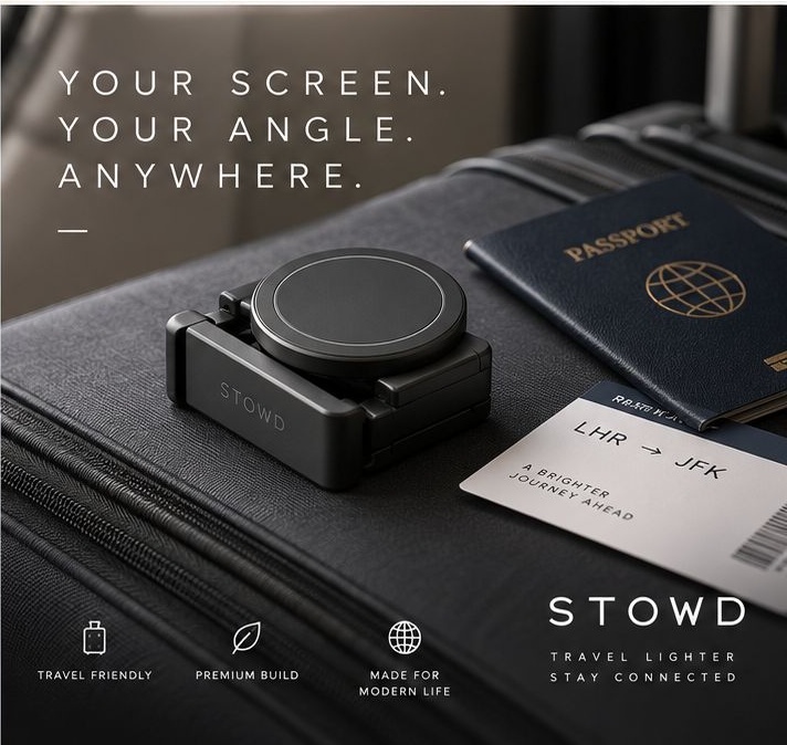 The folded STOWD mount resting on a suitcase beside a passport and boarding pass